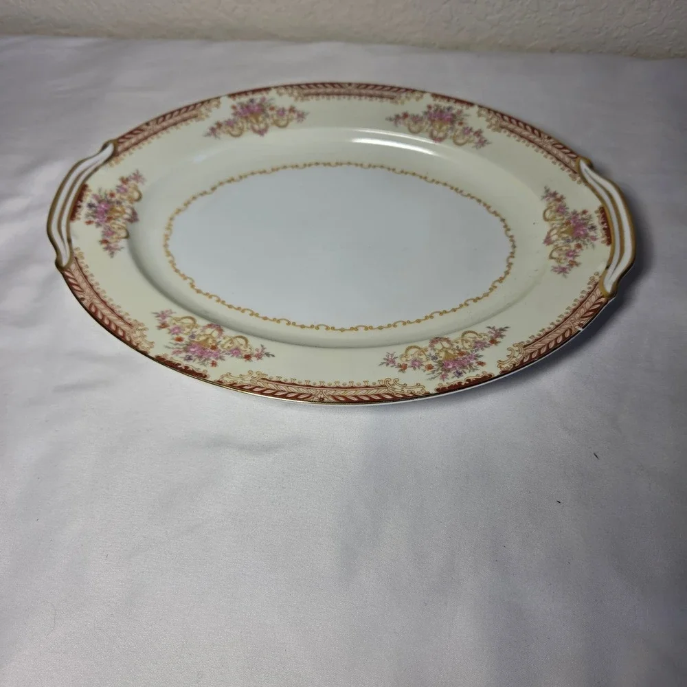 Noritake Vintage Oval Serving Platter Floral Gold Trim Burgundy Border Japan 12
